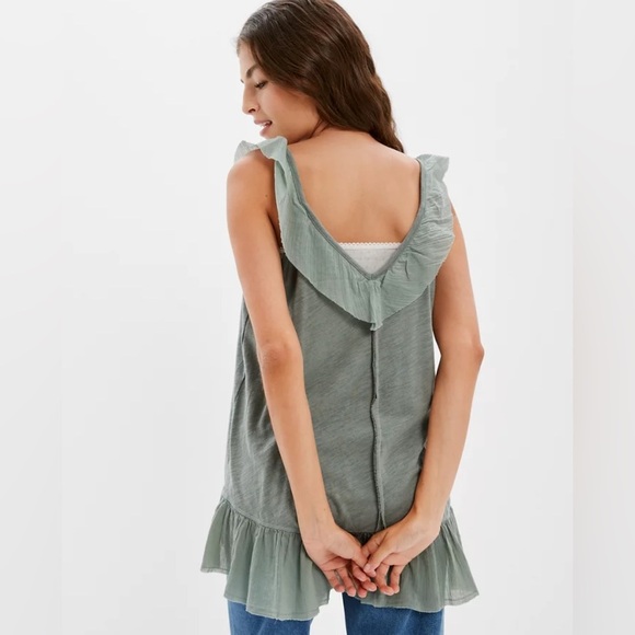 NWOT American Eagle Outfitters AE Sage Green Ruffle Peplum Hem V Neck Tank Top S - Picture 6 of 11